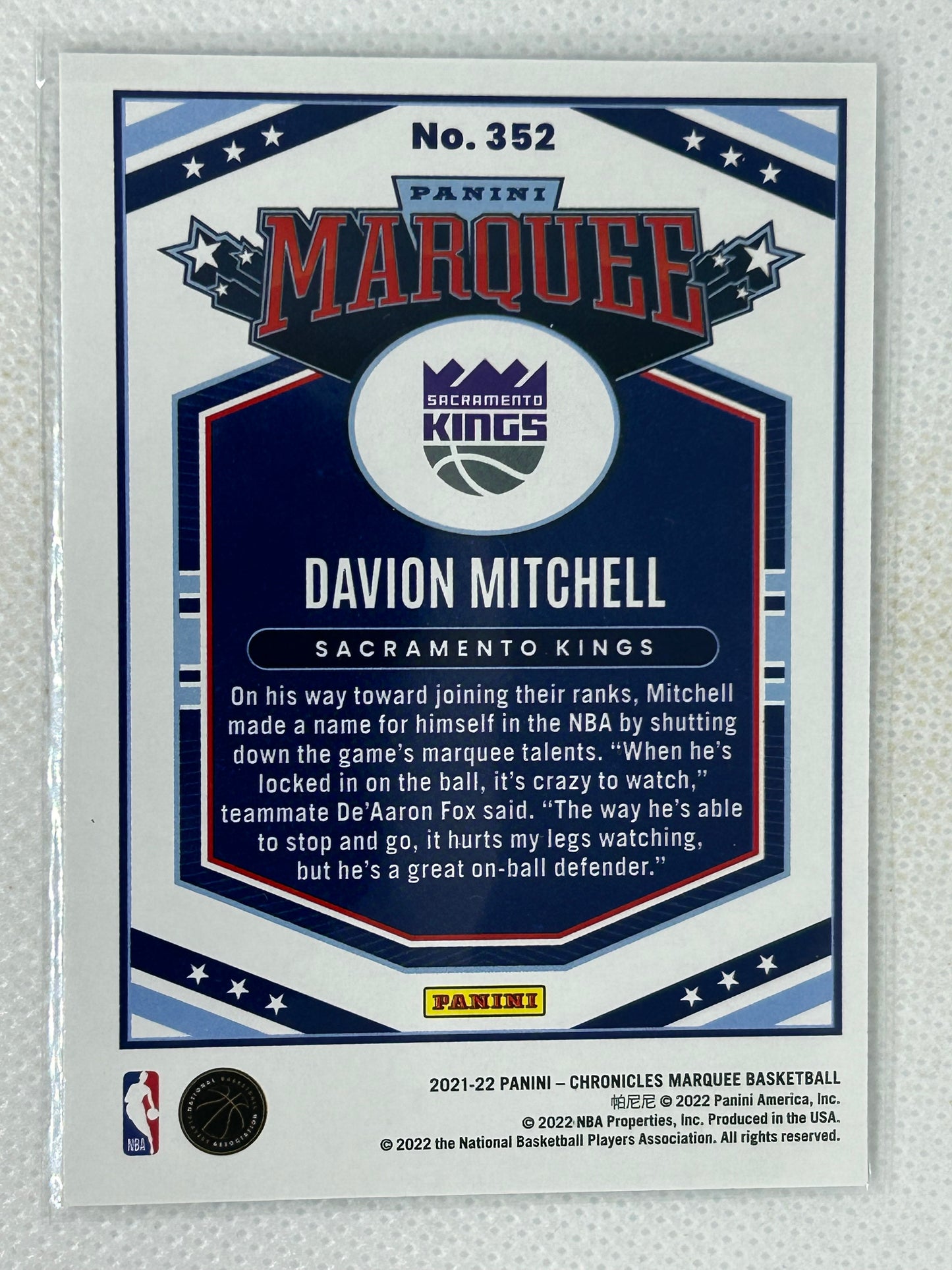 2021-22 Panini Chronicles Marquee Rookie #352 Davion Mitchell Sacramento Kings