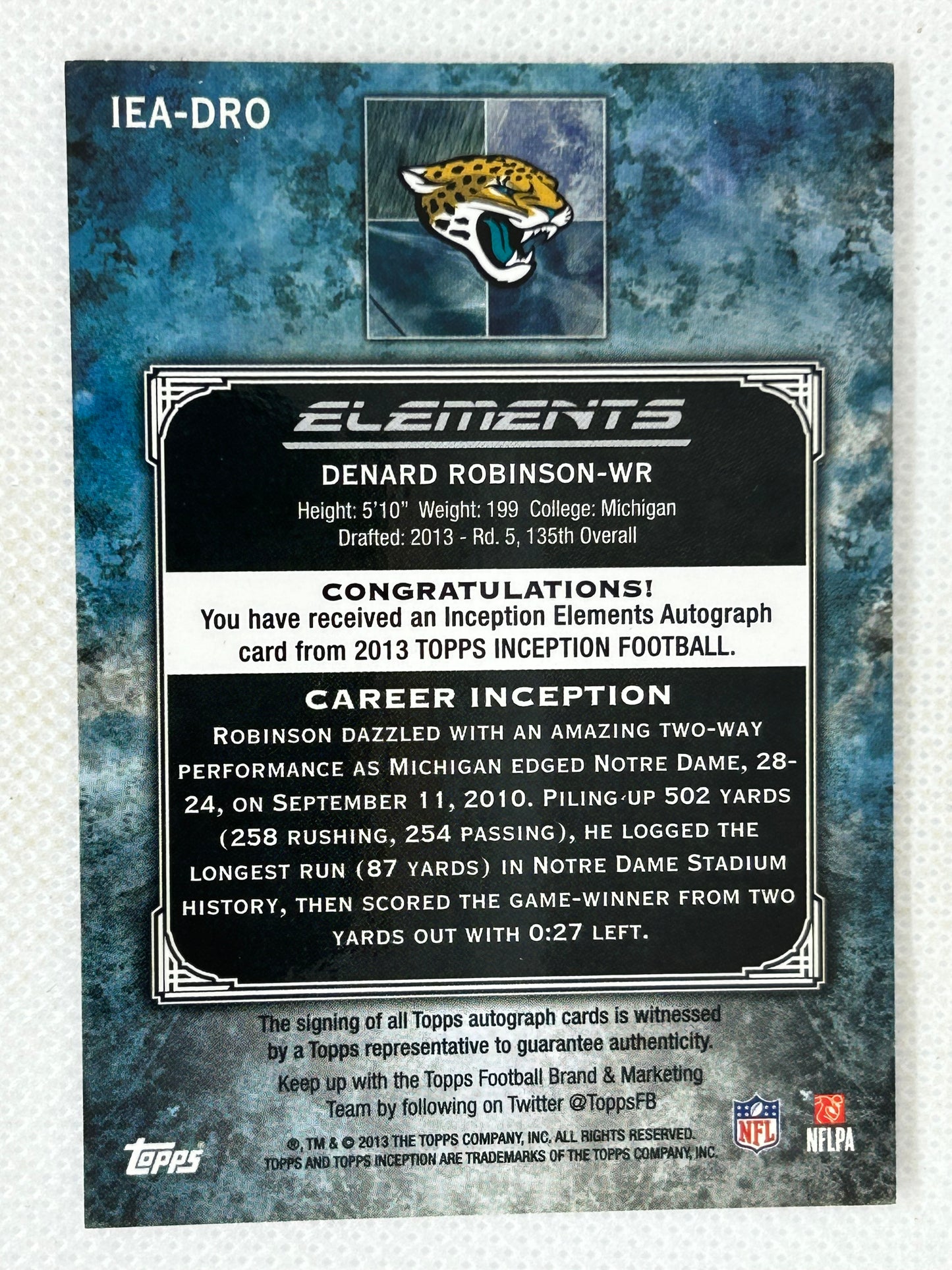 2013 Topps Inception Elements Rookie Autograph Denard Robinson /25 IEA-DRO Jacksonville Jaguars