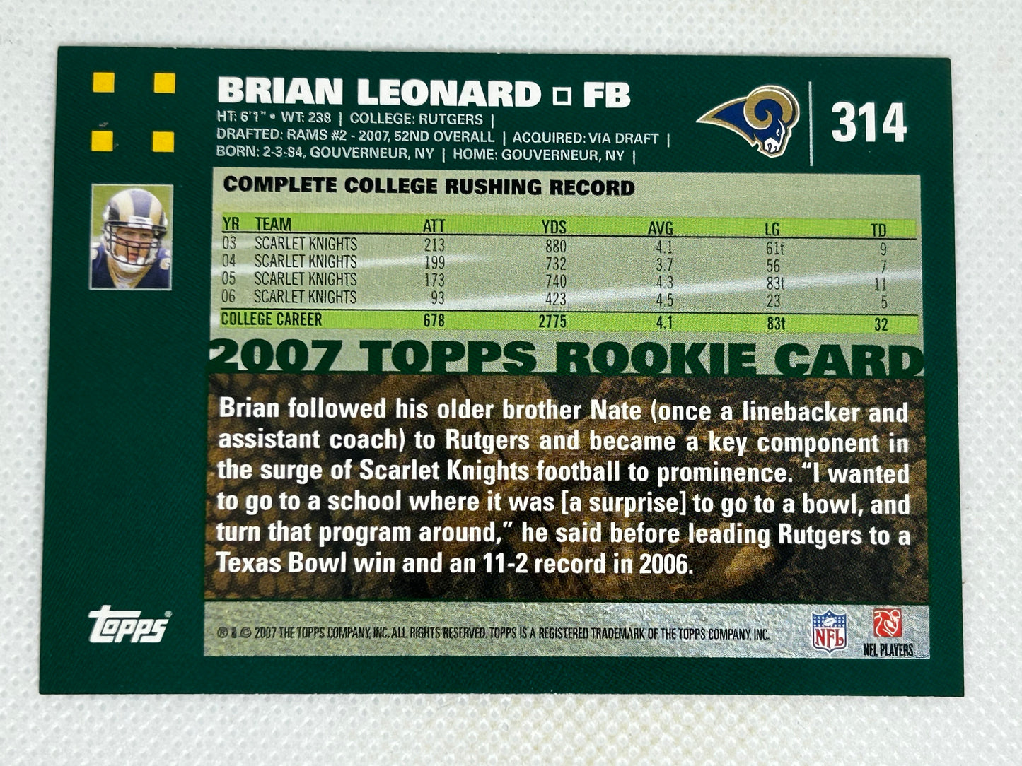 2007 Topps Brian Leonard Rookie St. Louis Rams #314 Signed Card