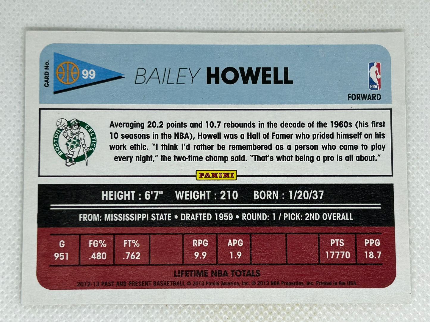 2012-13 Panini Past & Present #99 Bailey Howell Boston Celtics Signed Card