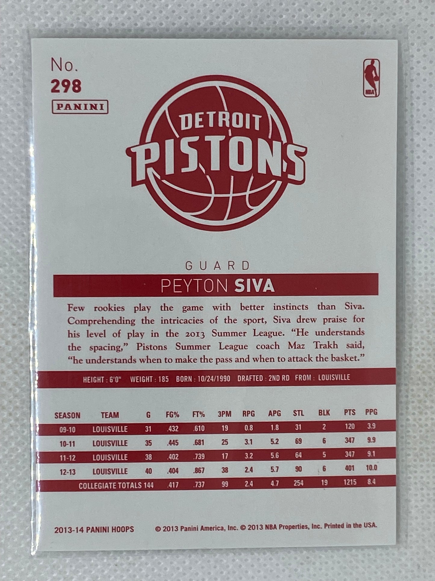 2013-14 Panini NBA Hoops Red Back Peyton Siva #298 Rookie Detroit Pistons