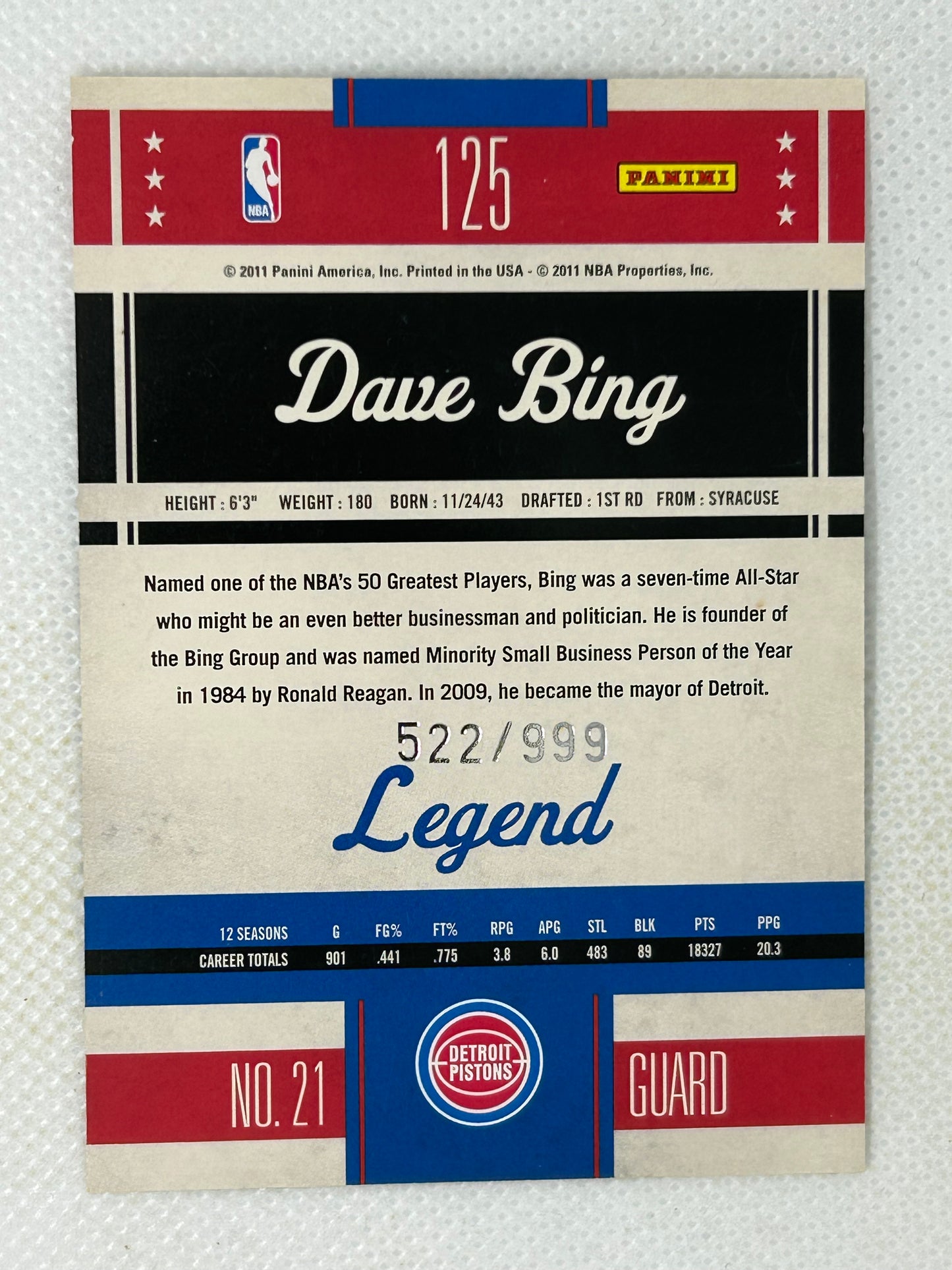 2010-11 Panini Classics Legends /999 Dave Bing #125 Detroit Pistons Signed Card