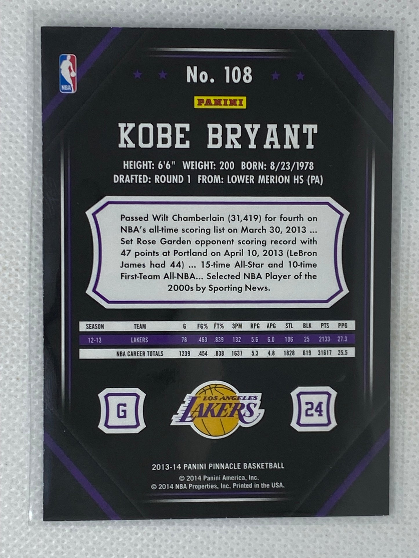 2013-14 Panini Pinnacle Kobe Bryant #108 Los Angeles Lakers