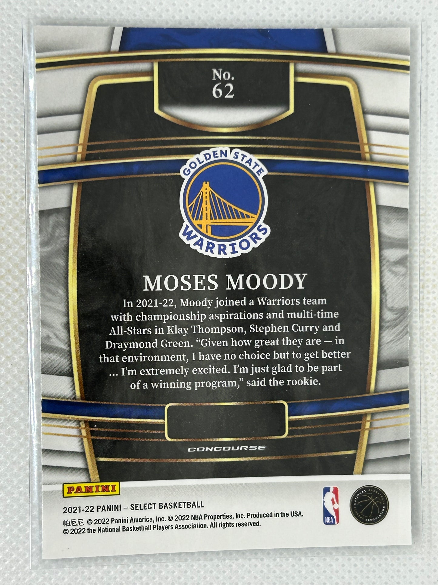 2021-22 Panini Select Rookie Moses Moody #62 Golden State Warriors