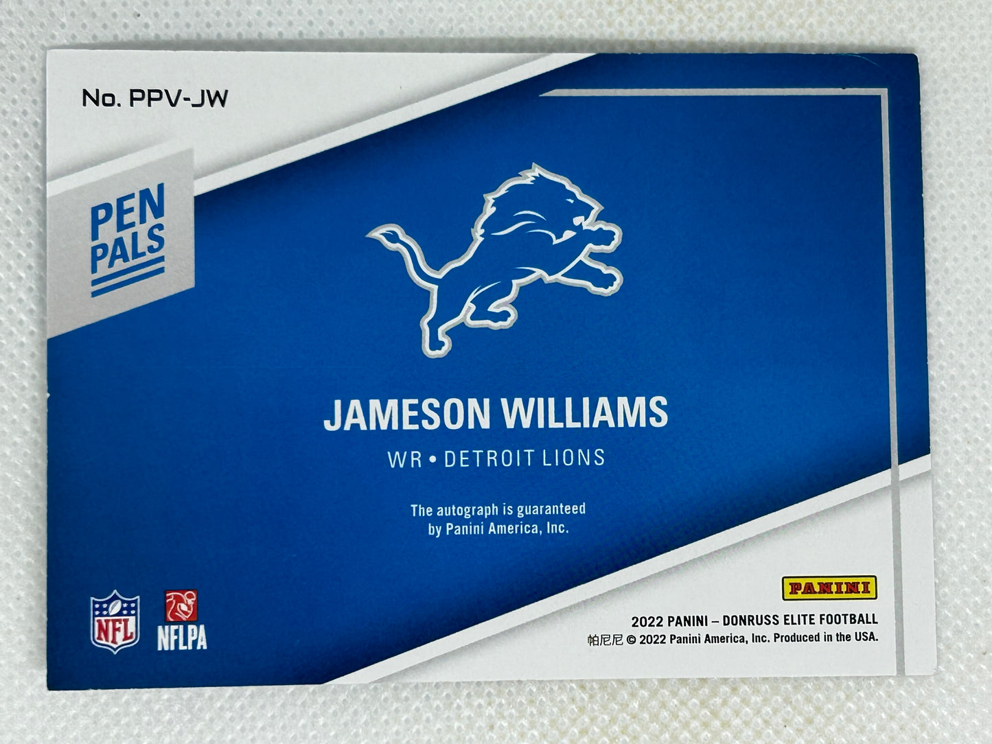 2022 Panini Donruss Elite Pen Pals Horizontal Rookie Autograph #PPV-JW Jameson Williams Detroit Lions SSP