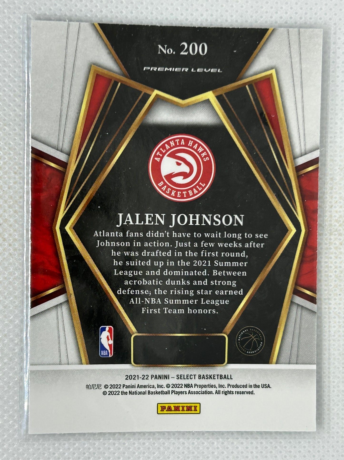 2021-22 Panini Select Premier Rookie Jalen Johnson #200 Atlanta Hawks