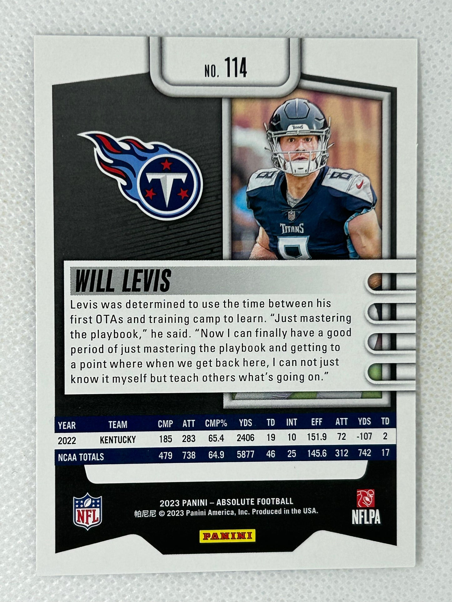 2023 Panini Absolute Will Levis Rookie #114 Tennessee Titans