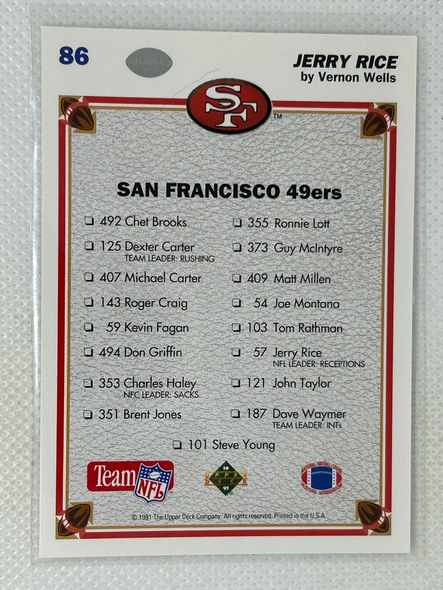 1991 Upperdeck Collectors Choice Flash 80 Jerry Rice & San Francisco 49ers Team Checklist #86