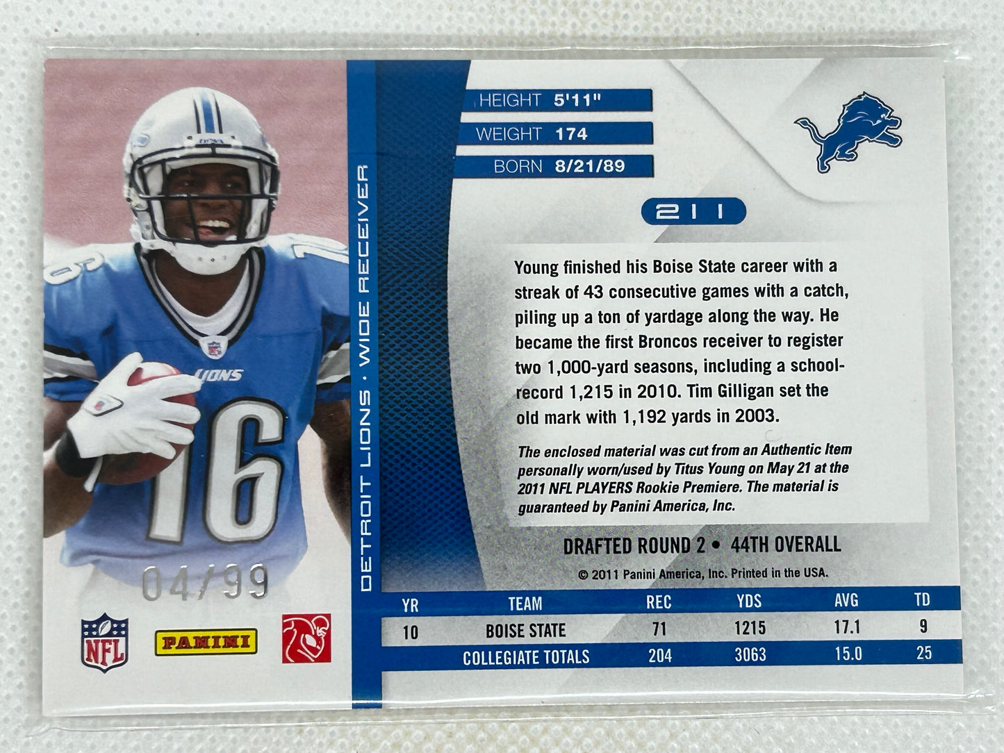 2011 Panini Absolute Memorabilia Rookie Premiere Materials #211 /99 Titus Young Detroit Lions