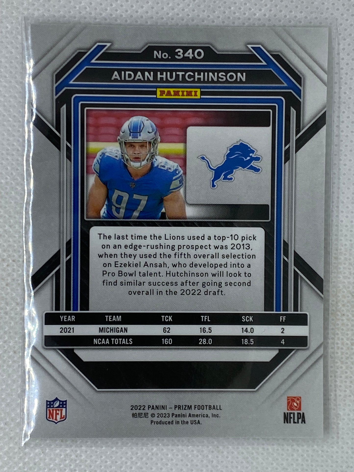 2022 Panini Prizm Base Rookie Aiden Hutchinson #340 Detroit Lions