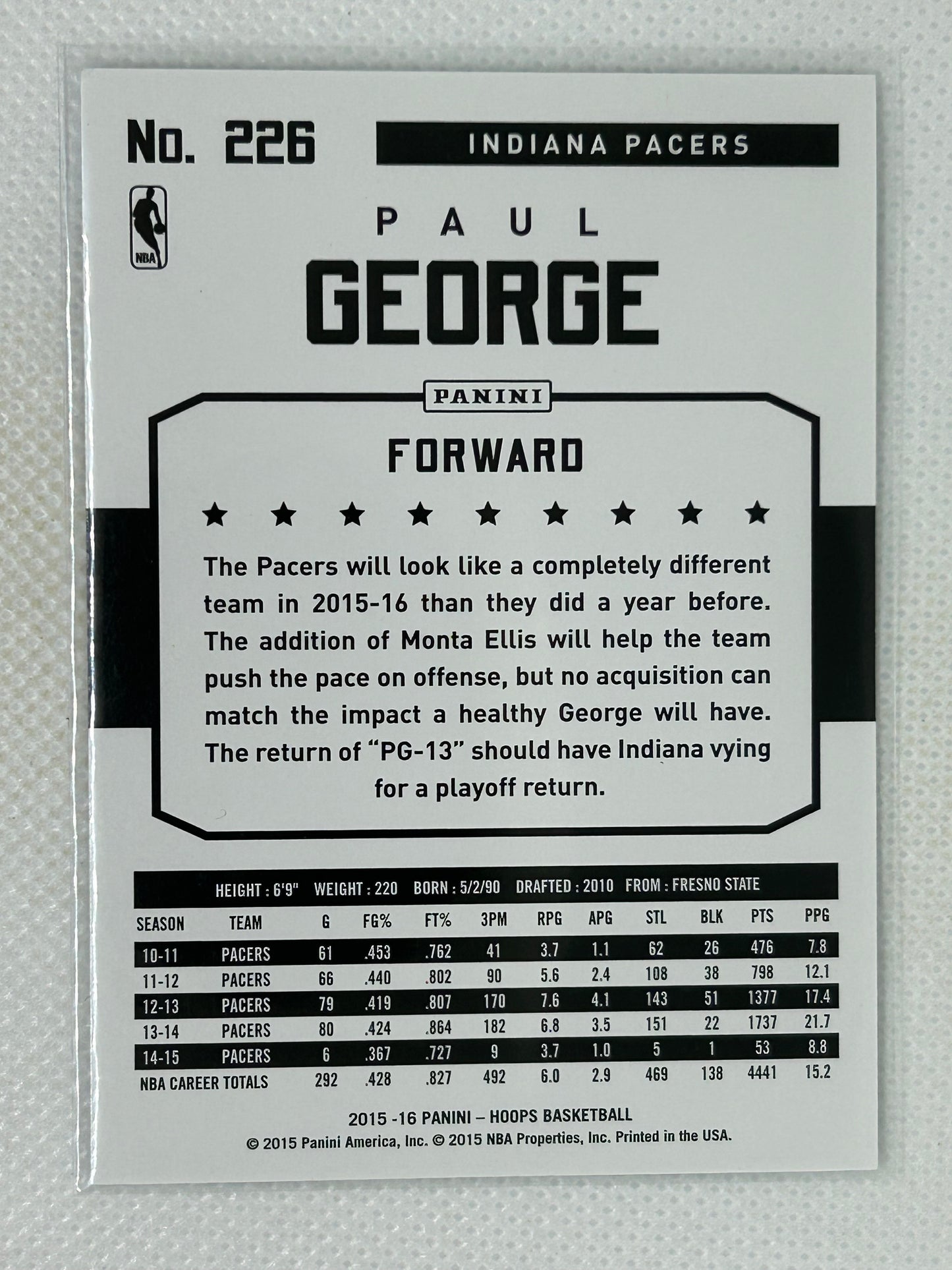 2015-16 Panini Hoops Silver Holo Artist Proof /99 Paul George #226 Indiana Pacers