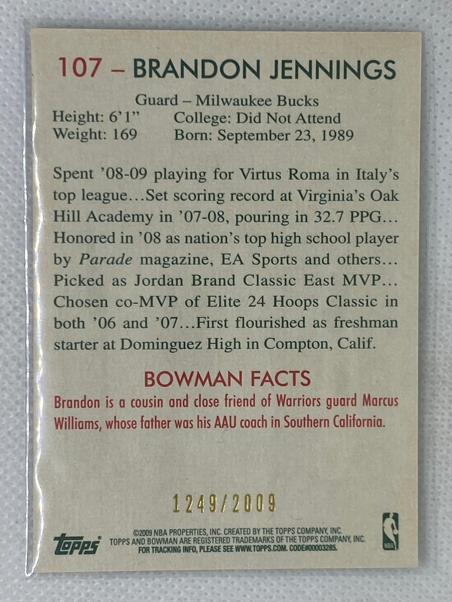 2009-10 Bowman Brandon Jennings #107 Rookie Card /2009 Milwaukee Bucks