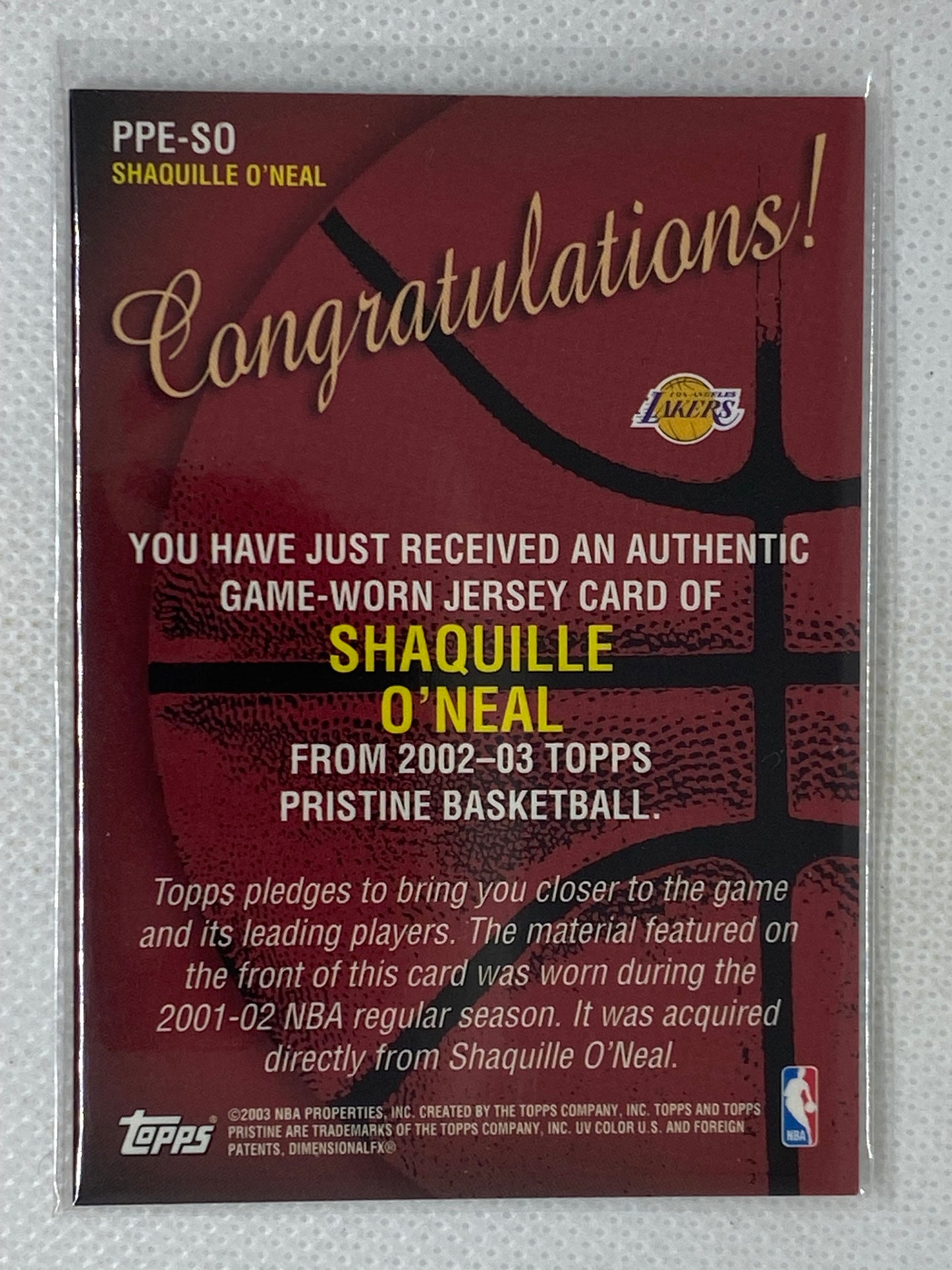 2002-03 Topps Pristine Pristine Performance Shaquille O'Neal #PPE-SO Los Angeles Lakers