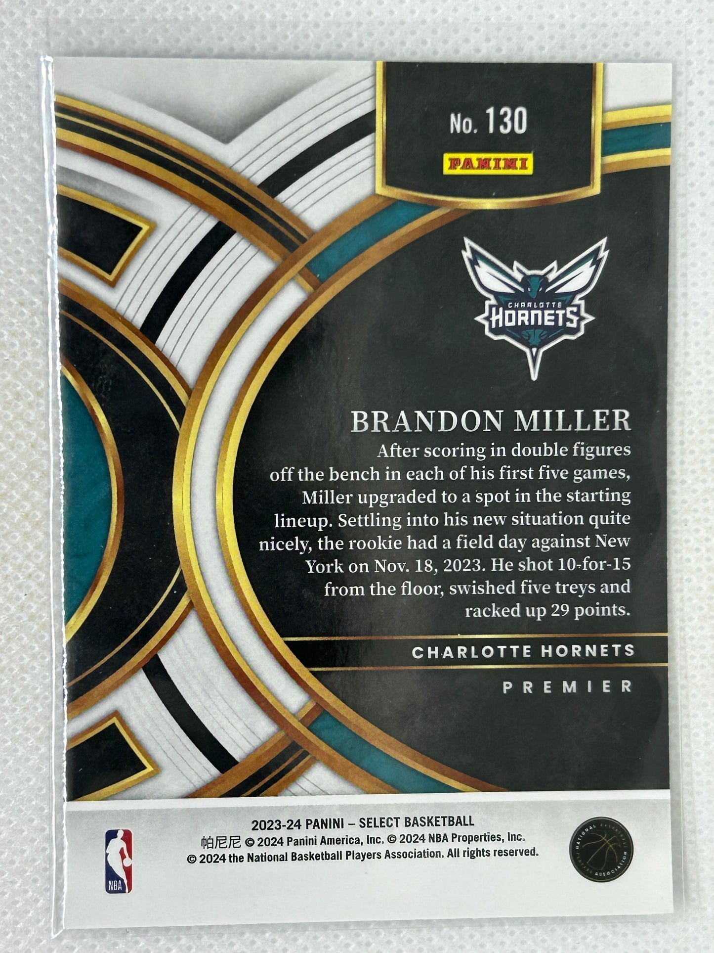 2023-24 Panini Select Premier Rookie #130 Brandon Miller Charlotte Hornets