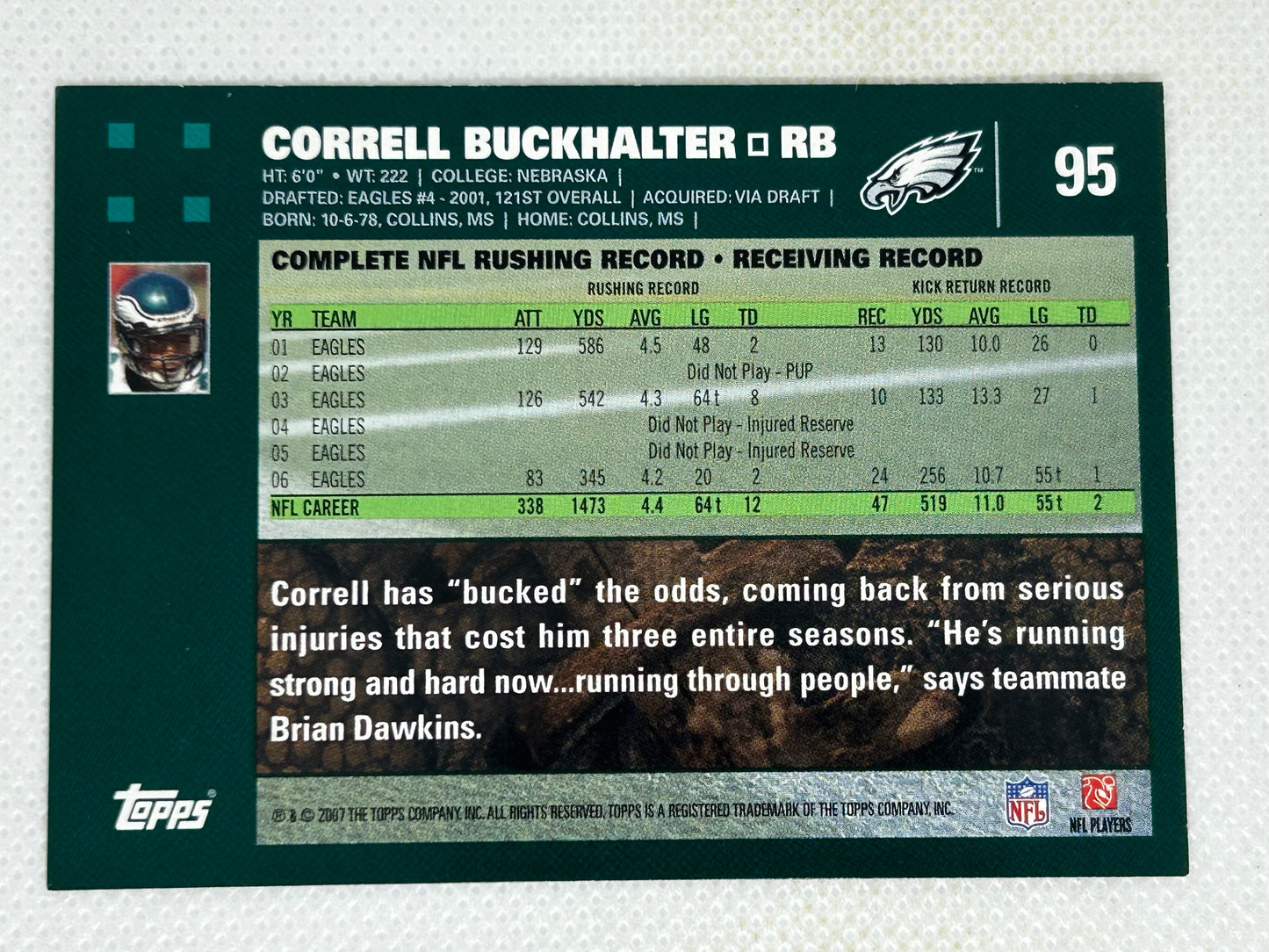 2007 Topps Football #95 Correll Buckhalter Philadelphia Eagles Signed Card