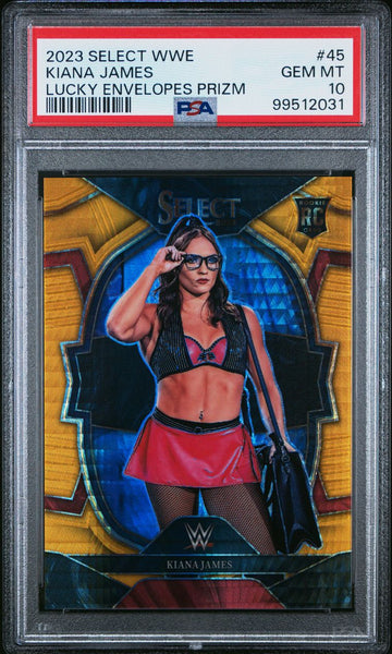 2023-24 Panini Select WWE Lucky Envelopes Gold Prizm #45 Kiana James /8 PSA 10 GEM MINT