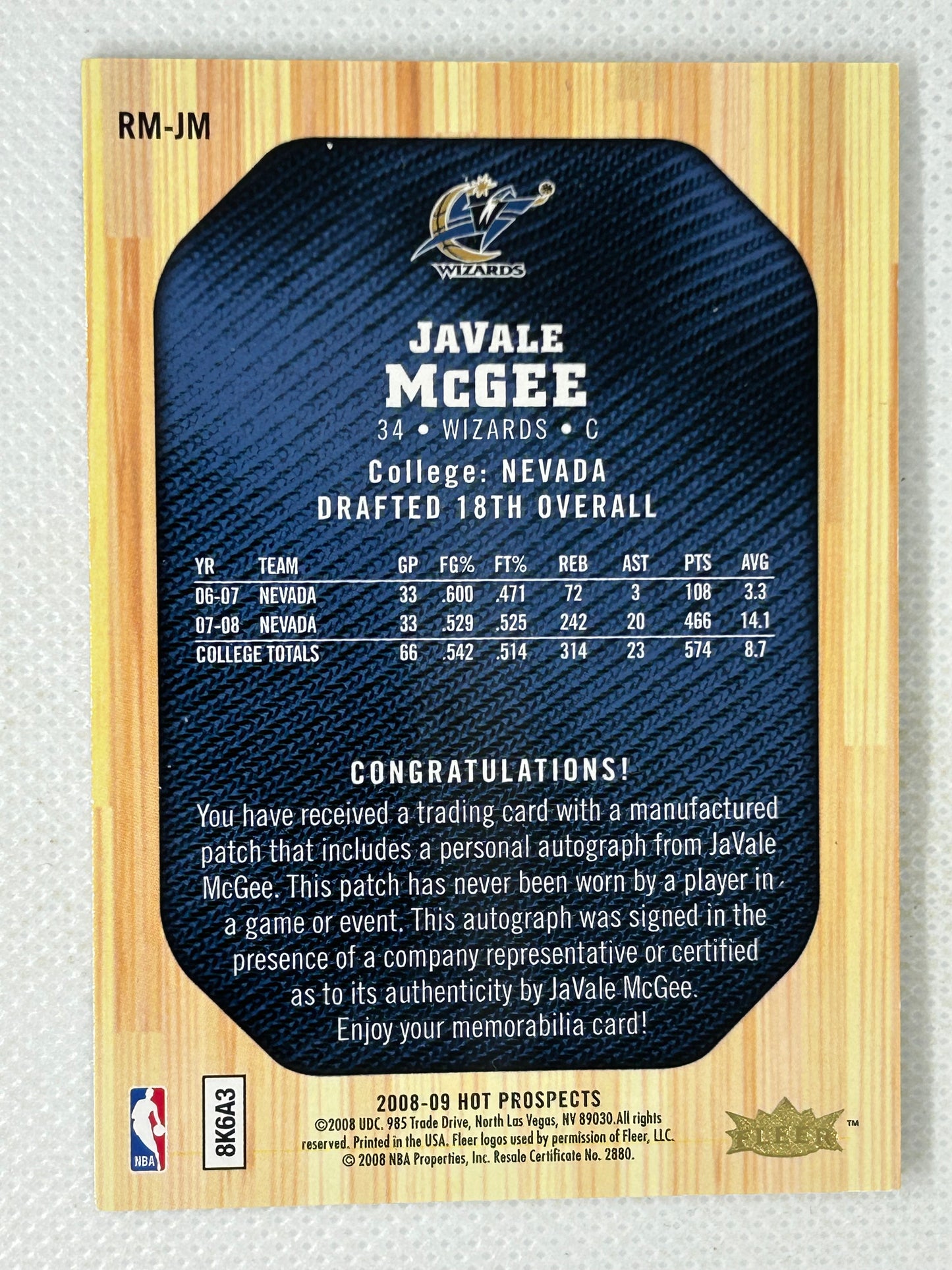 2008-09 Fleer Hot Prospects JaVale McGee RM-JM Rookie Materials Autograph Washington Wizards