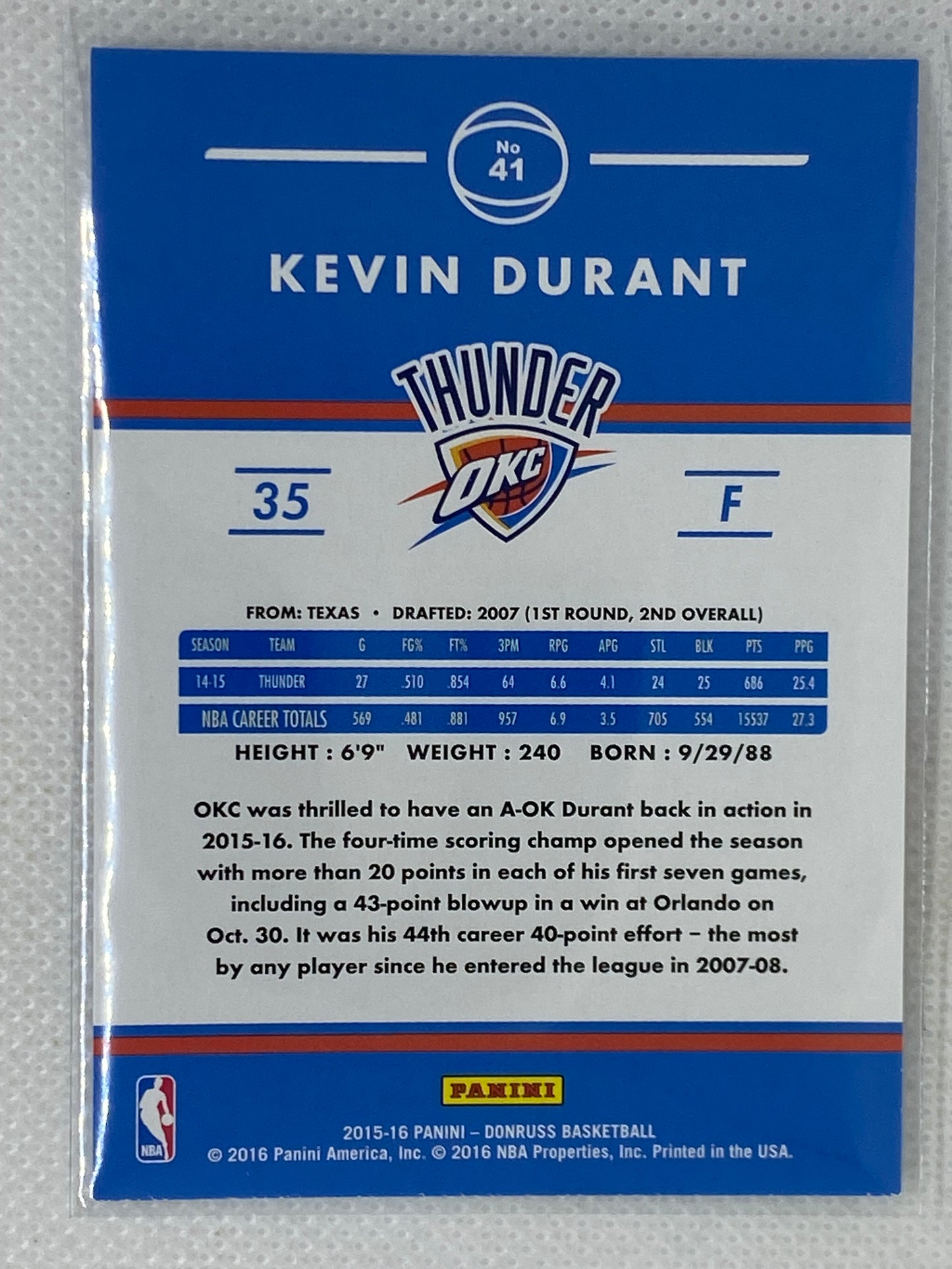 2015-16 Panini Donruss Base Kevin Durant #41 Oklahoma City Thunder