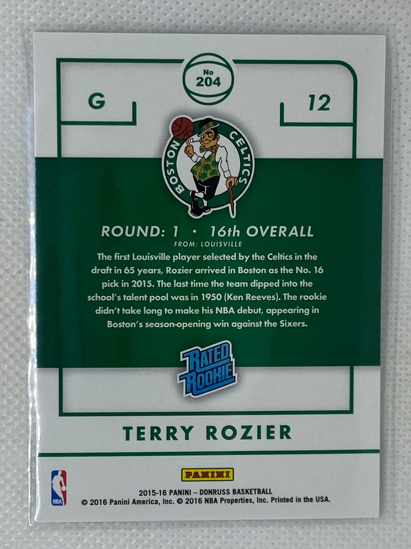 2015-16 Donruss Rated Rookie Terry Rozier #204 Boston Celtics - Charlotte Hornets RC