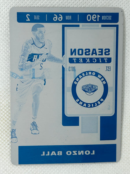 2019-20 Panini Contenders Optic Season Ticket Printing Plate Cyan 1/1 Lonzo Ball New Orleans Pelicans