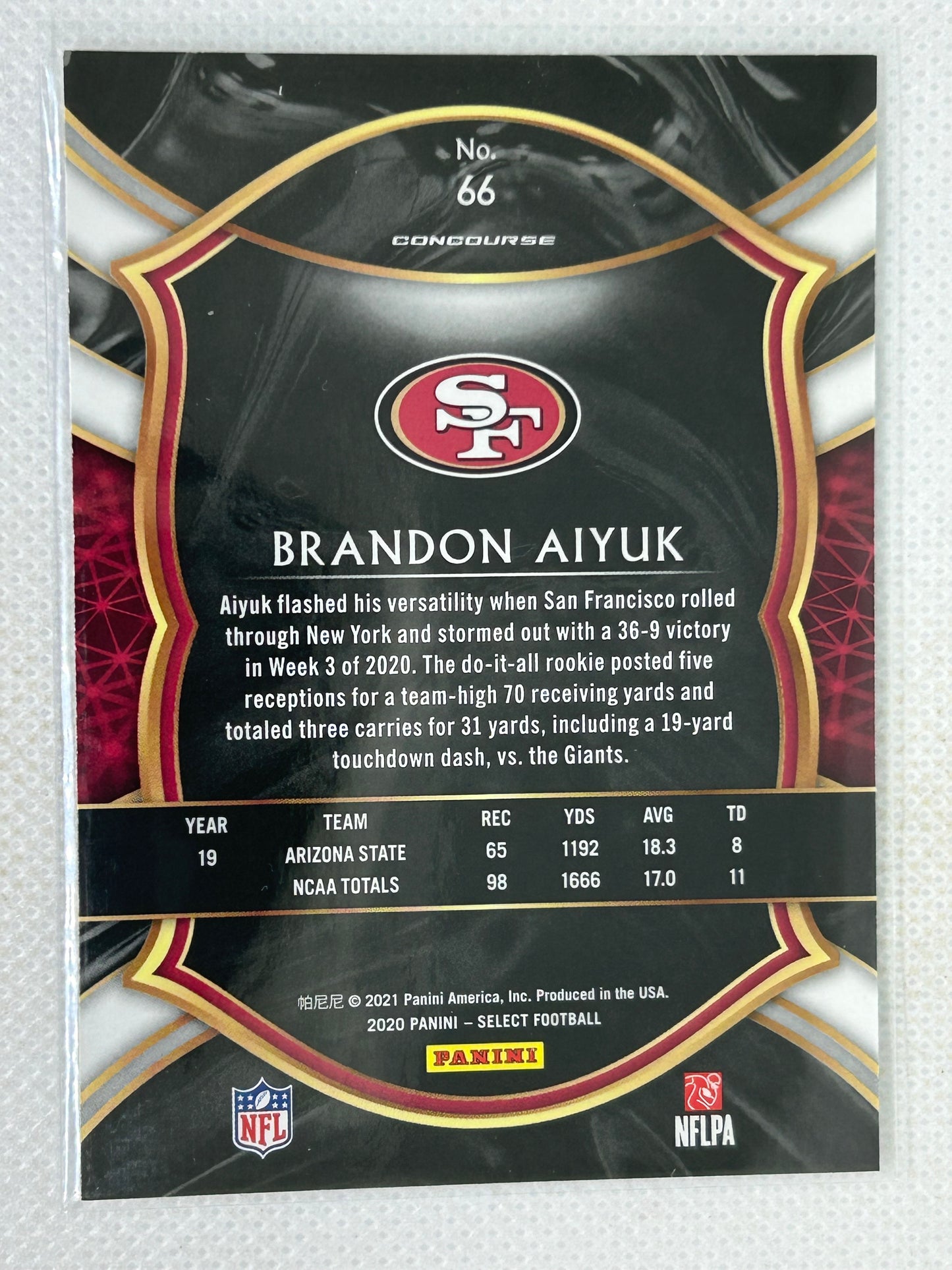 2020 Panini Select Rookie Concourse #66 Brandon Aiyuk San Francisco 49ers