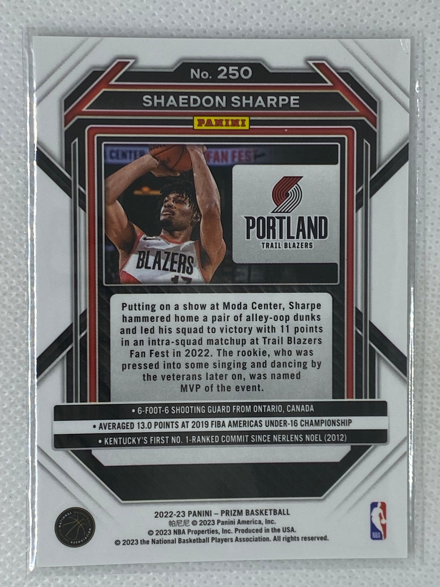 2022-23 Panini Prizm Base Rookie Shaedon Sharpe #250 Portland Trailblazers