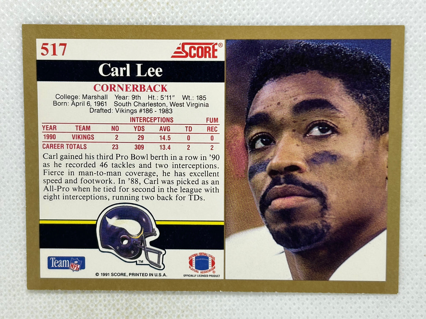 1991 Score Football Card #517 Carl Lee Minnesota Vikings Signed Card