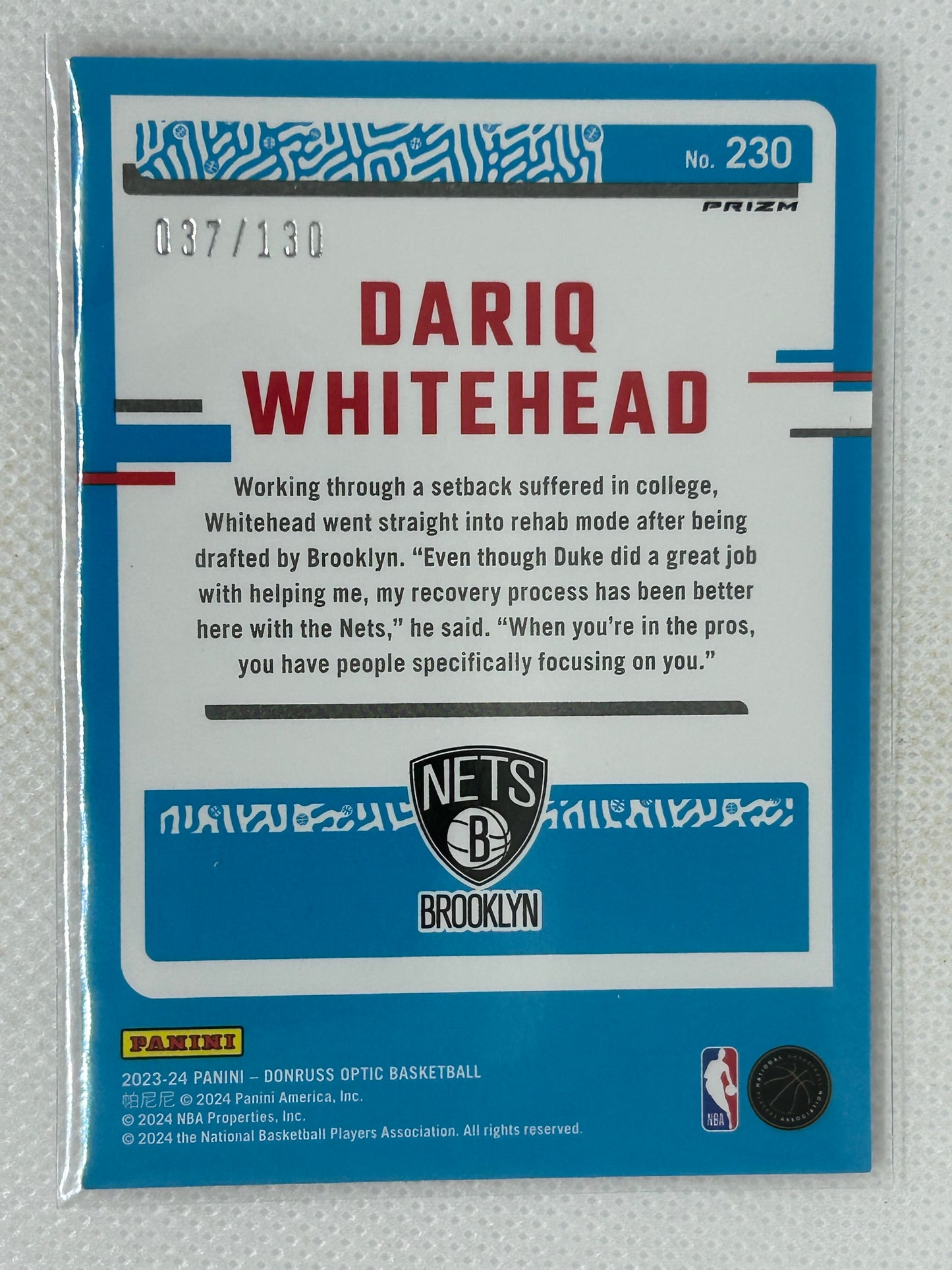 2023-24 Panini Optic Red Seismic Rookie #230 Dariq Whitehead /130 Brooklyn Nets