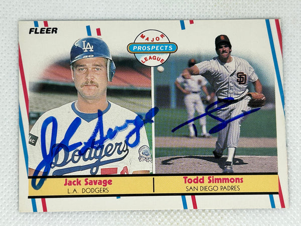 1988 Fleer Major League Prospects Dual Rookie Signed Card Jack Savage & Todd Simmons Los Angeles Dodgers, San Diego Padres