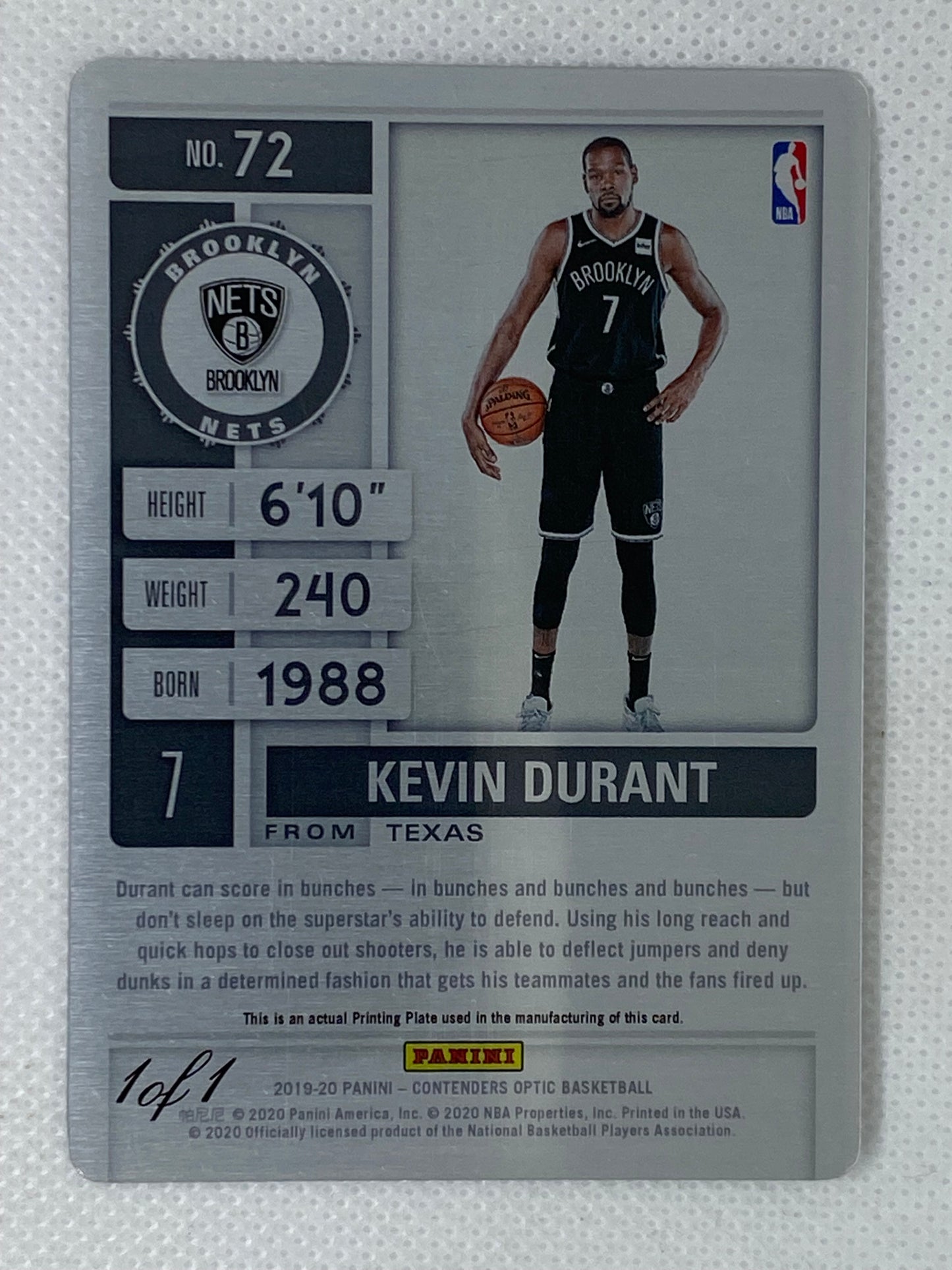 2019-20 Panini Contenders Optic Kevin Durant #72 Printing Plate 1/1 Brooklyn Nets