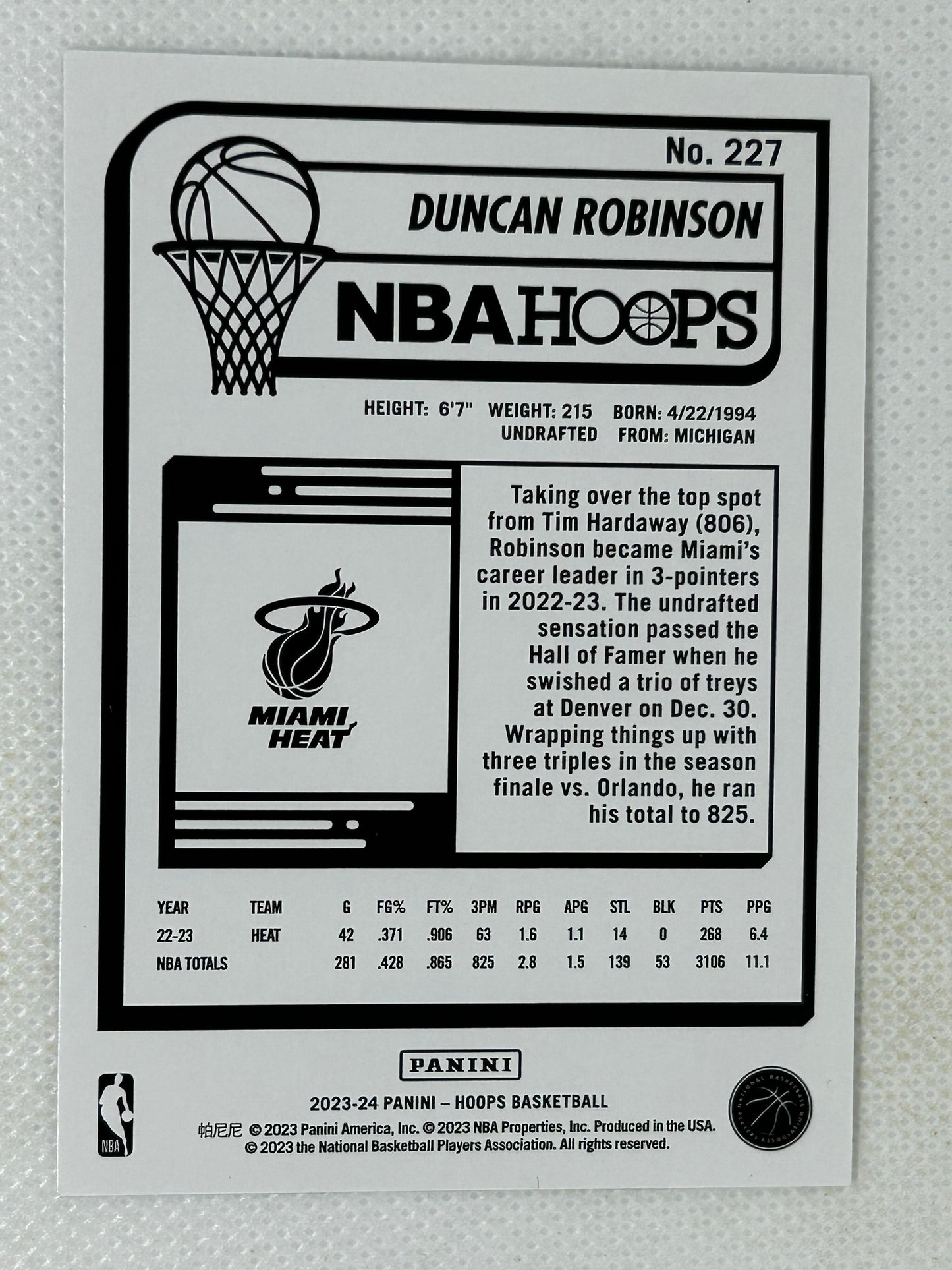 2023-24 Panini Hoops Duncan Robinson #227 Miami Heat Signed Card