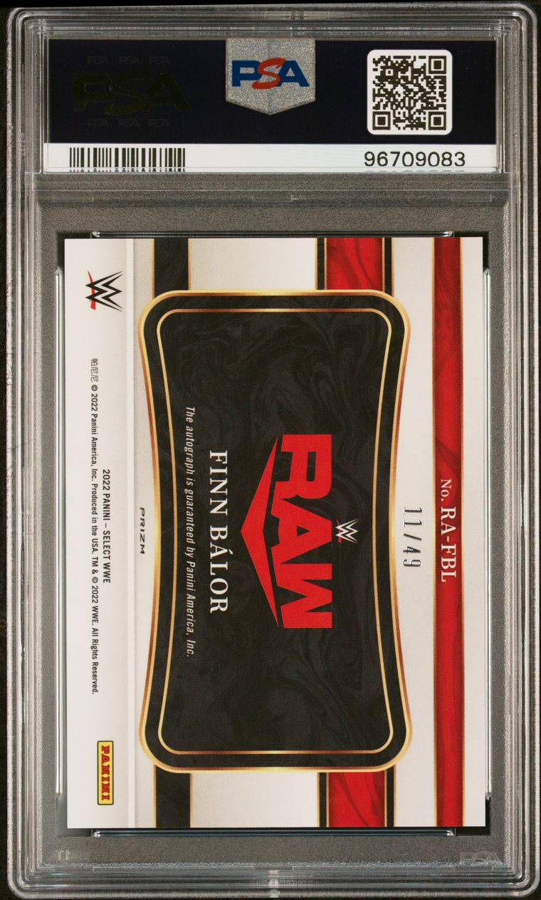 2022 Panini Select WWE Ringside Action Signatures Blue Prizm /49 #RAFBL Finn Balor PSA 8