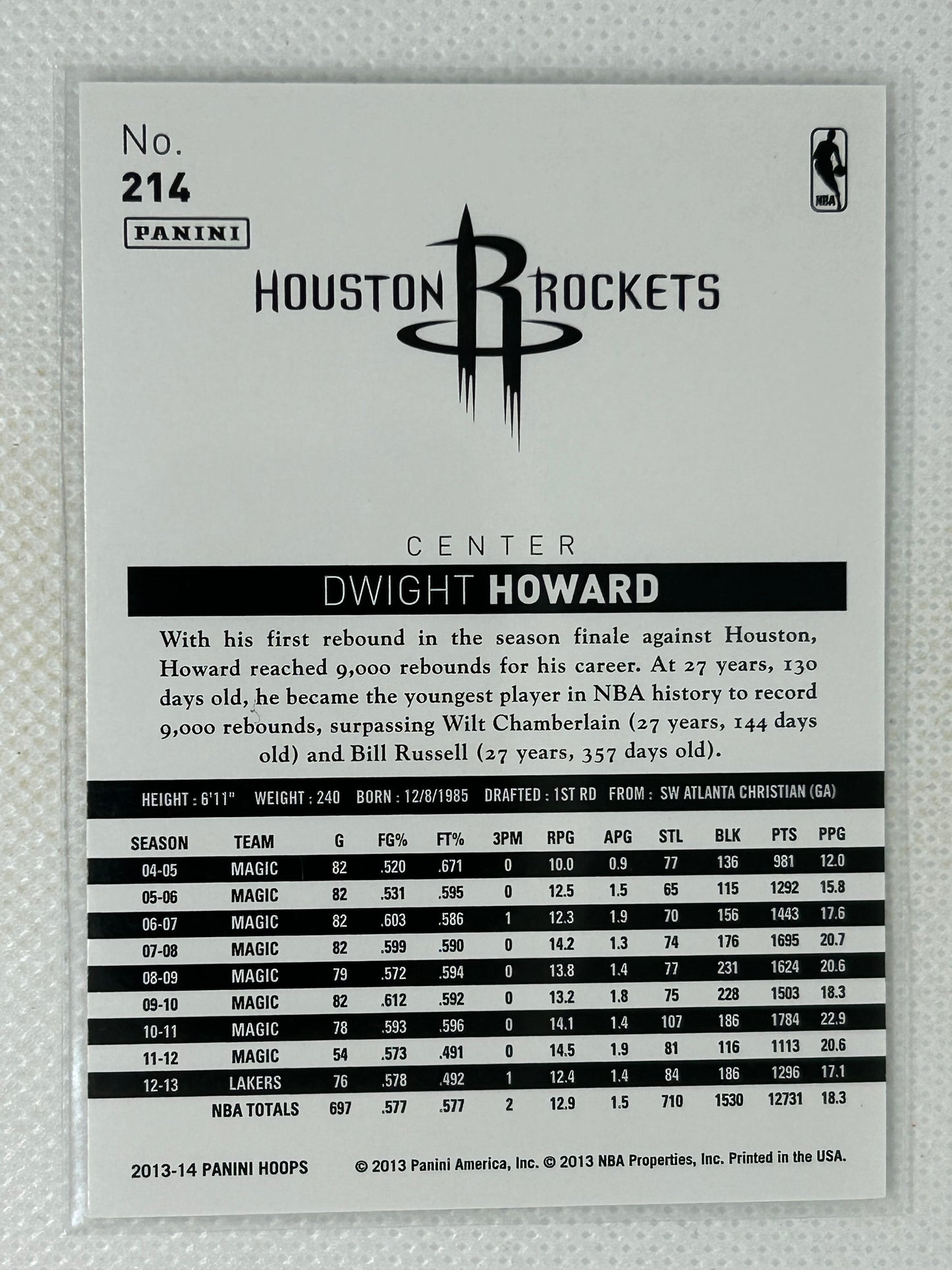 2013-14 Panini Hoops Dwight Howard #214 Houston Rockets