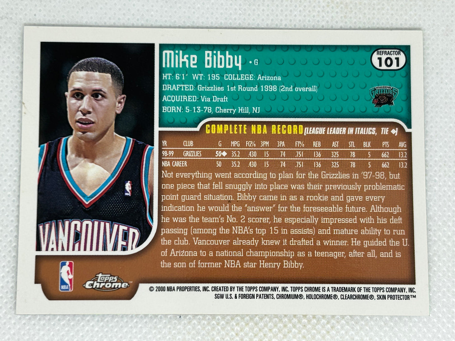 2000-01 Topps Chrome Silver Refractor #101 Mike Bibby Vancouver Grizzlies Signed Card