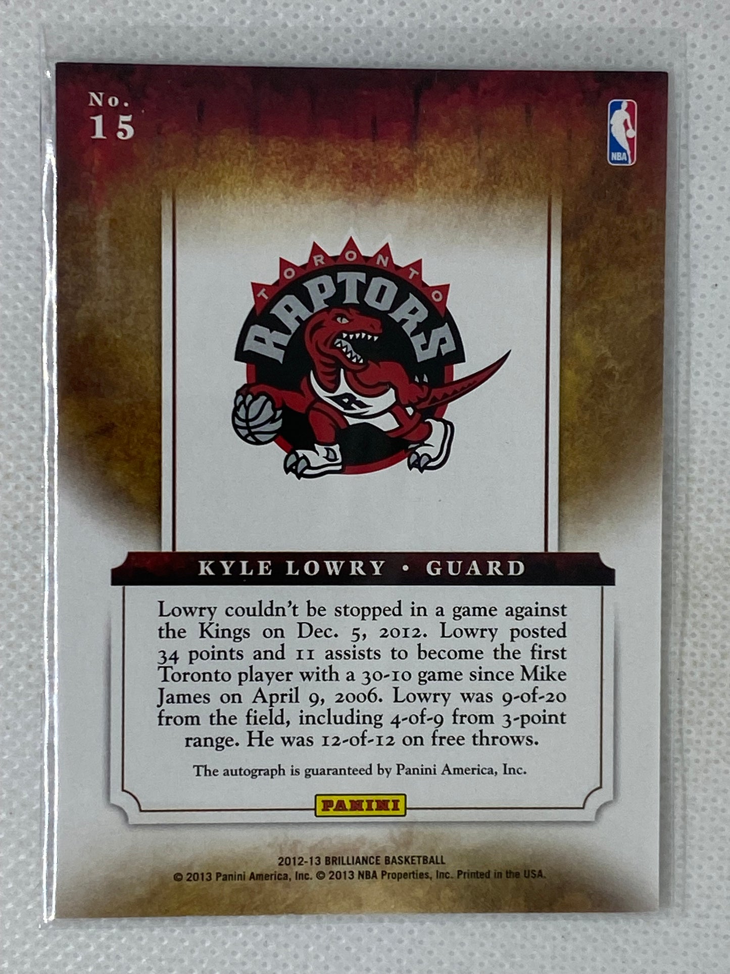 2012-13 Panini Brilliance Marks of Brilliance #15 Kyle Lowry /199 Toronto Raptors