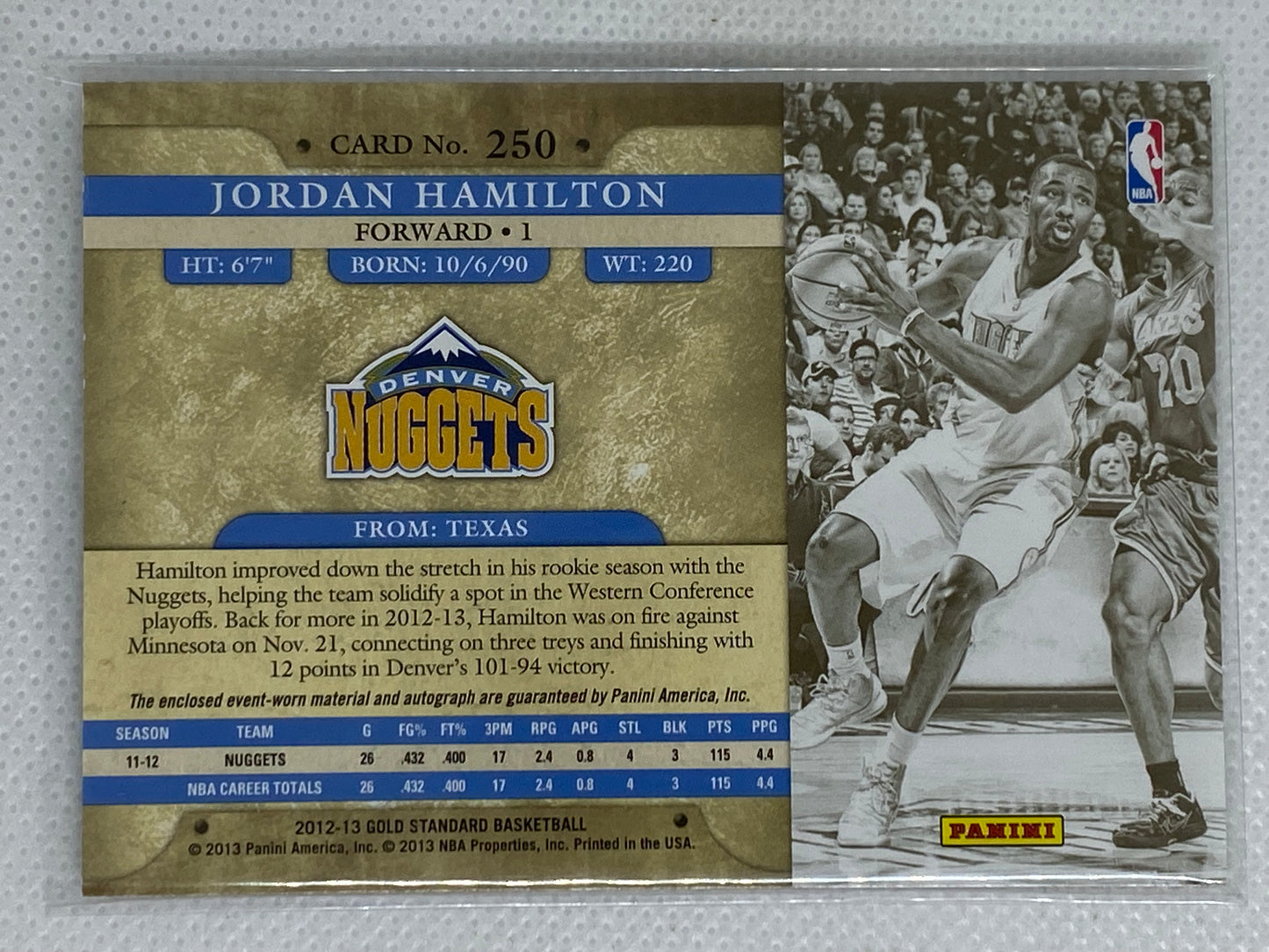 2012-13 Gold Standard Jordan Hamilton Autograph Jersey Rookie Nuggets RC #250