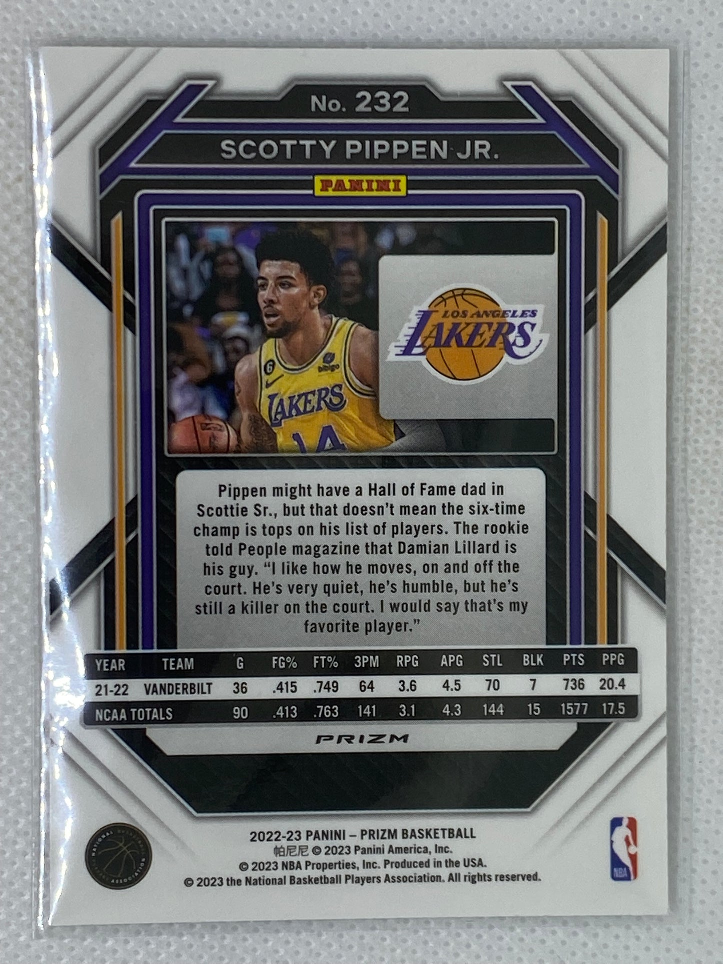 2022-23 Panini Prizm Scotty Pippen Jr. Silver Prizm RC Rookie #232 Los Angeles Lakers