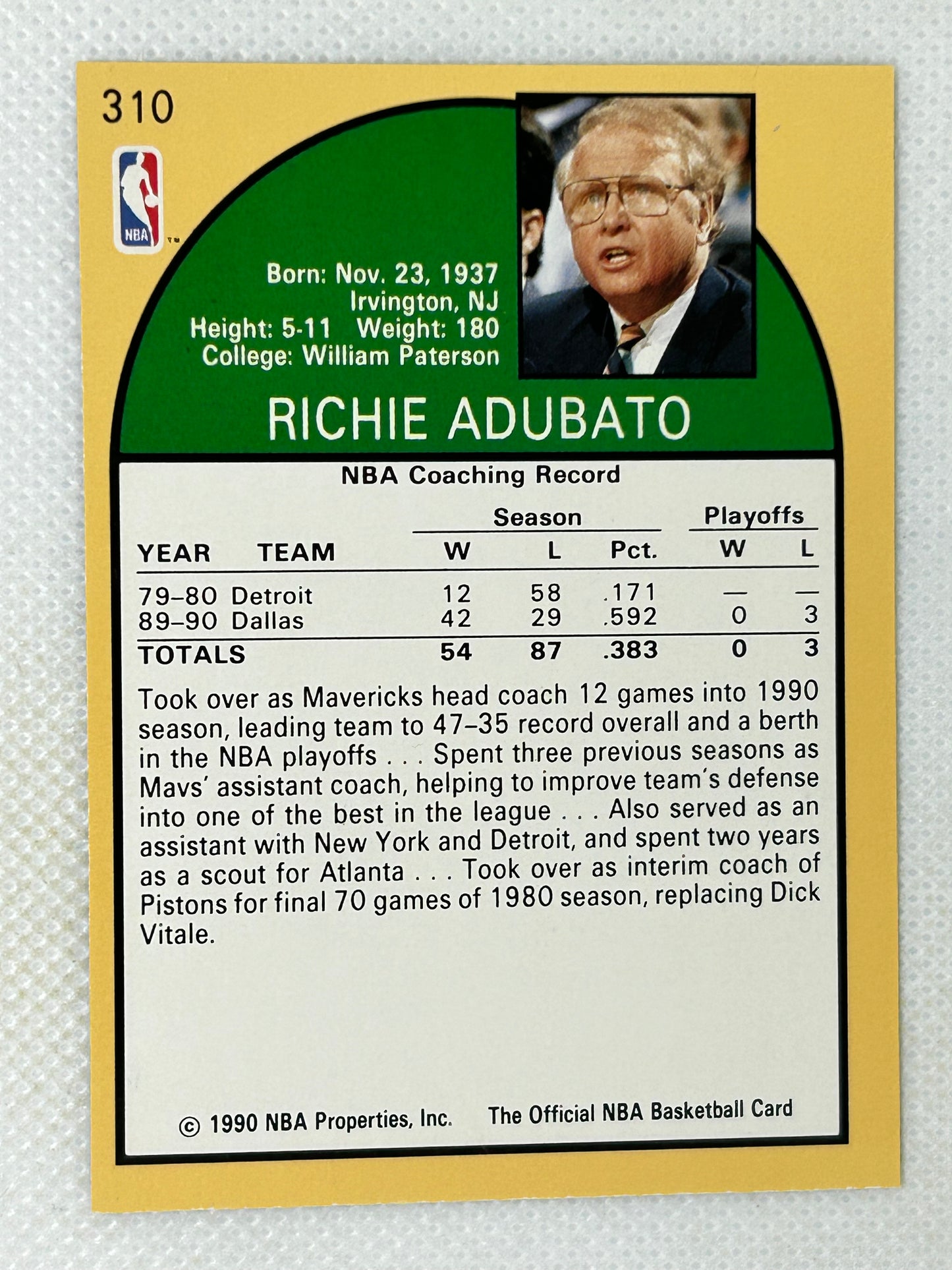 1990-91 NBA Hoops Richie Adubato #310 Dallas Mavericks Signed Card