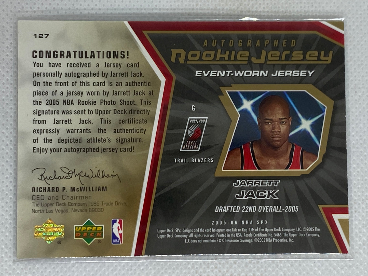 2005-06 Upper Deck SPx Rookie Rc Auto Autograph Jarrett Jack #’d /1499 Jersey