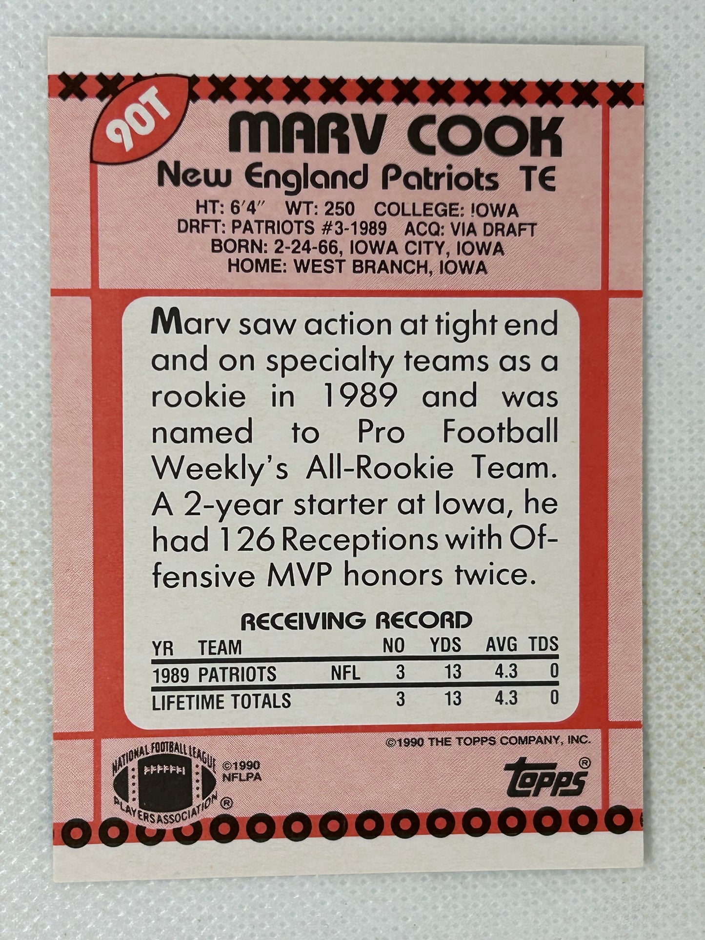 1990 Topps Traded #90T Marv Cook Rookie Card New England Patriots Signed Card