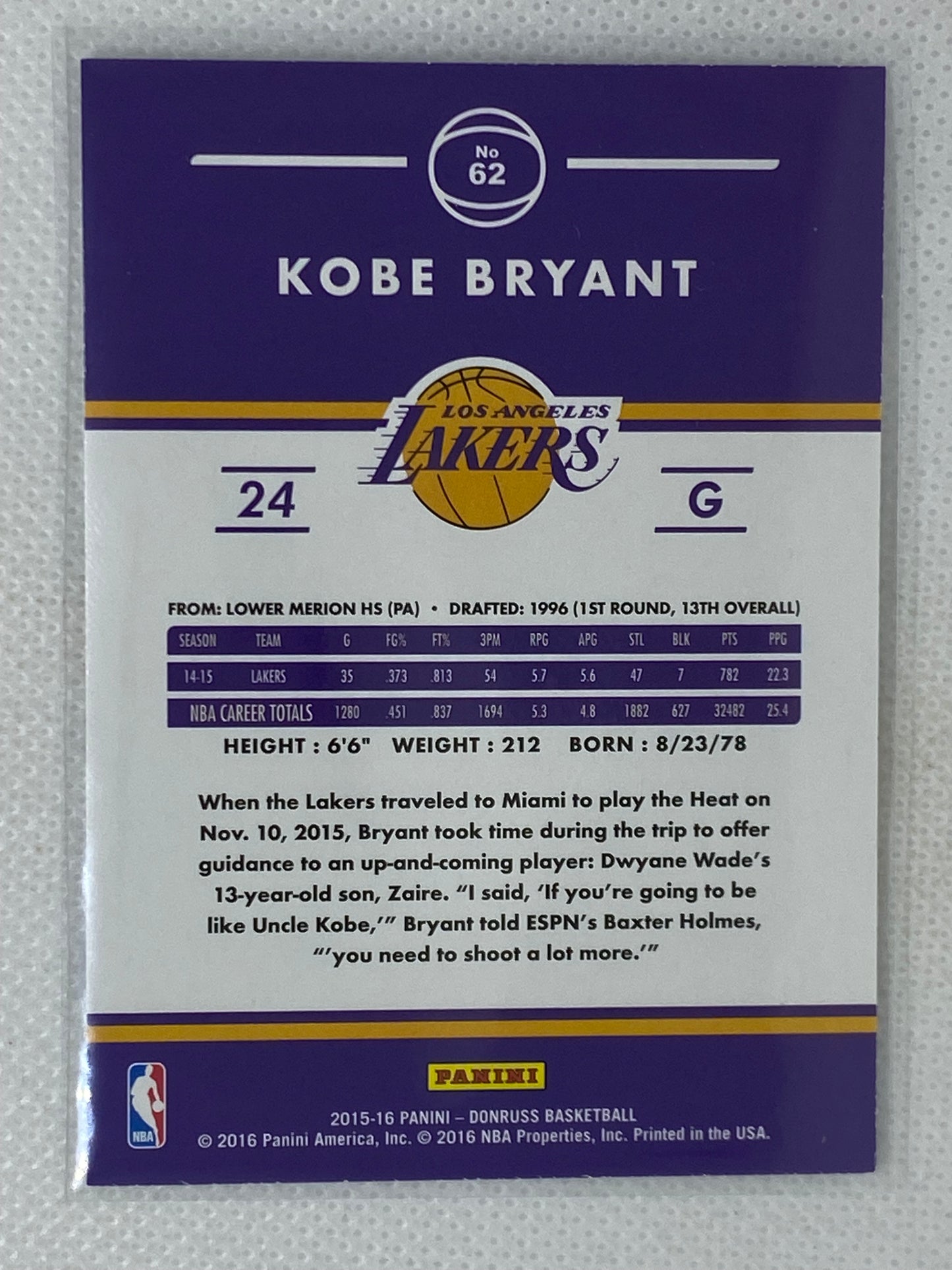 2015-16 Panini Donruss Basketball Kobe Bryant #62 Los Angeles Lakers