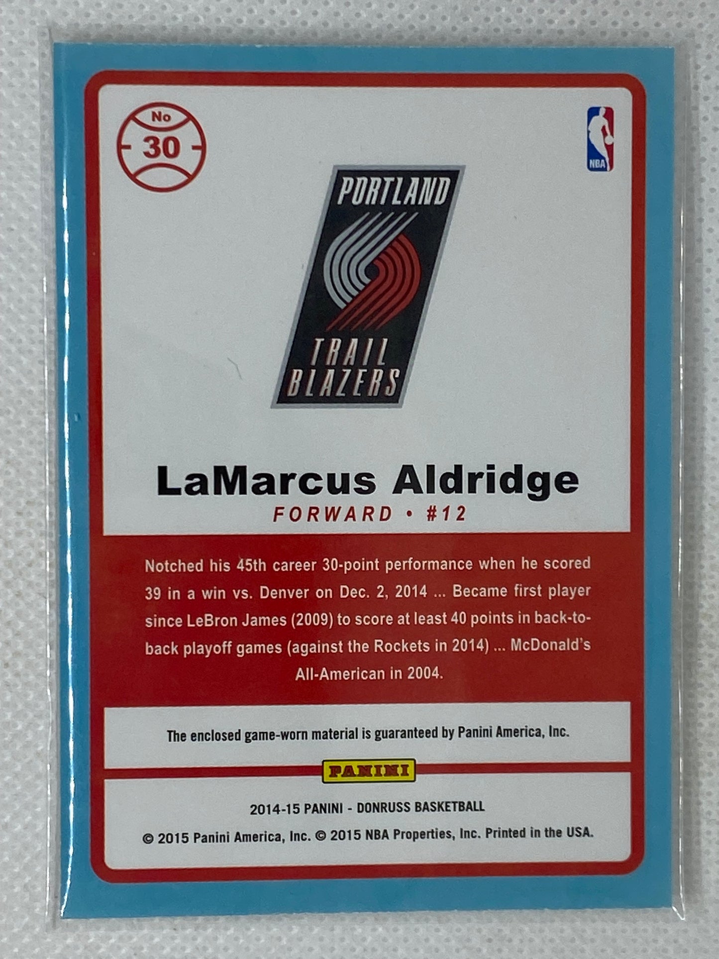 2014-15 Panini Donruss LaMarcus Aldridge Game Threads Game Worn Patch #30 Portland Trail Blazers