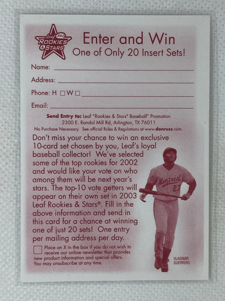 2002 Leaf Rookies & Stars Baseball Enter To Win Promo Card With Vladimir Guerrero Rare!