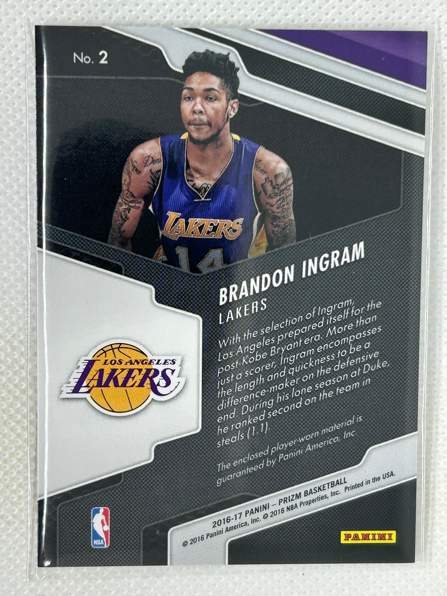 2016-17 Panini Prizm Rookie Jerseys Relic Brandon Ingram #2 Los Angeles Lakers