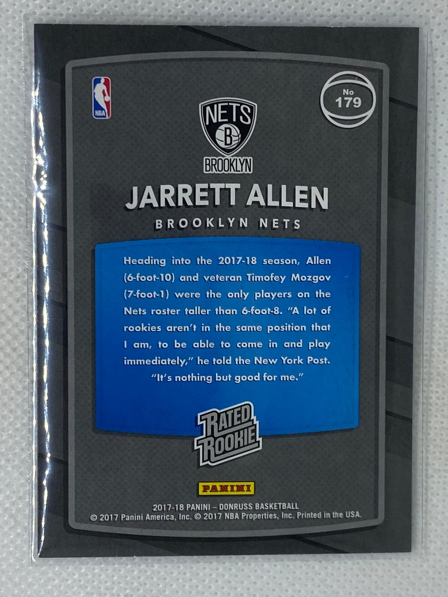 2017-18 Panini Donruss Base Rookie Jarrett Allen #179 Brooklyn Nets