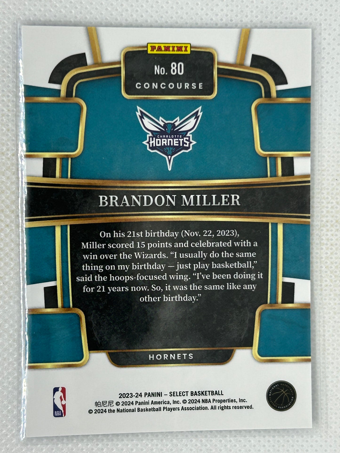 2023-24 Panini Select Rookie Brandon Miller #80 Charlotte Hornets