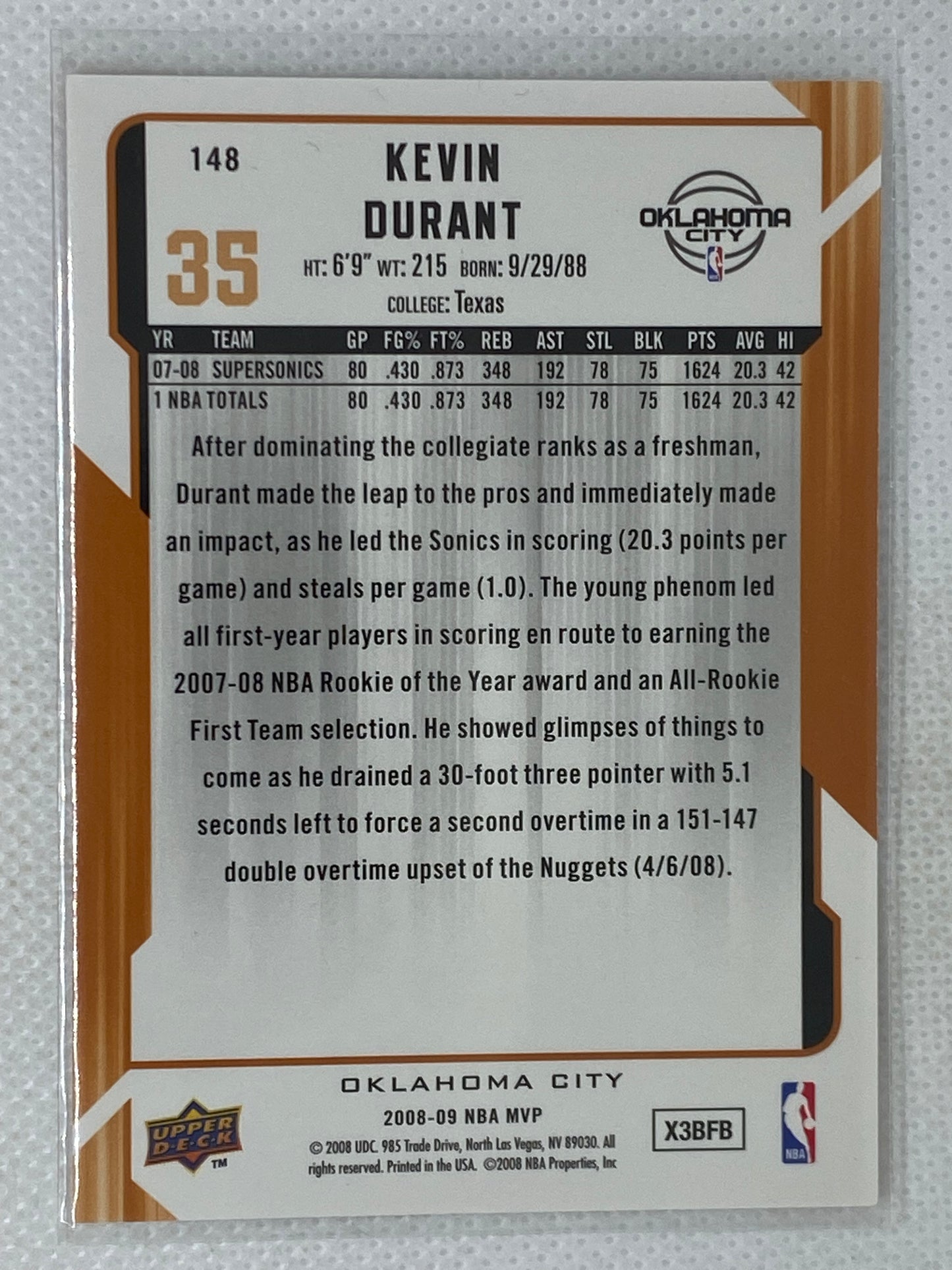 2008-09 Upper Deck MVP #148 Kevin Durant Oklahoma City Thunder