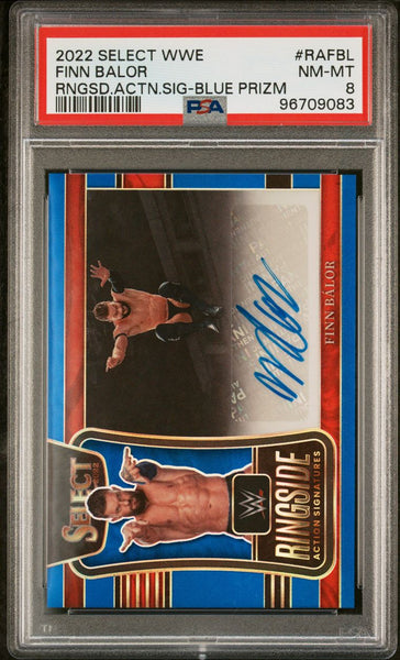 2022 Panini Select WWE Ringside Action Signatures Blue Prizm /49 #RAFBL Finn Balor PSA 8