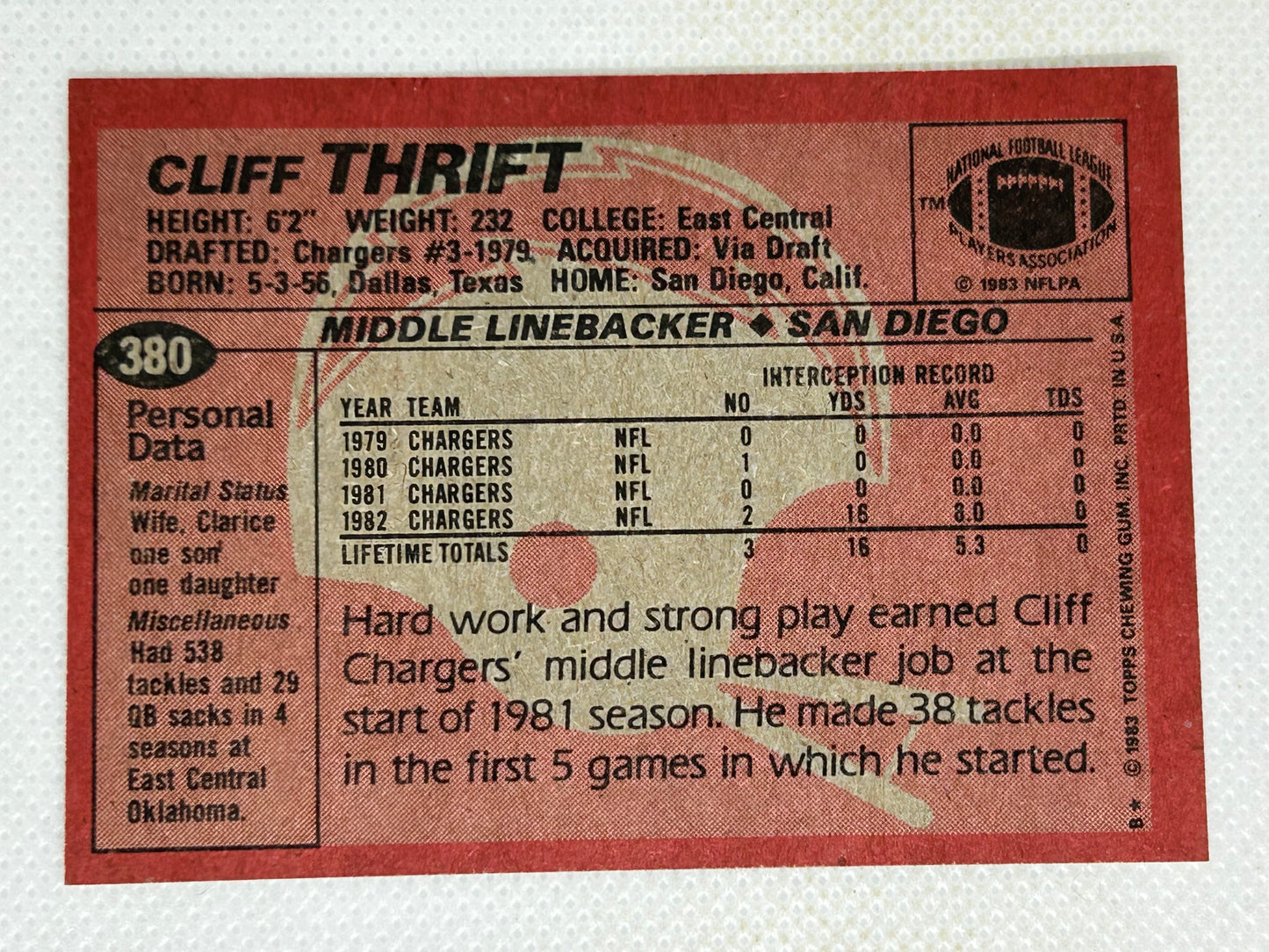 1983 Topps Cliff Thrift Rookie Card #380 San Diego Chargers Signed Card