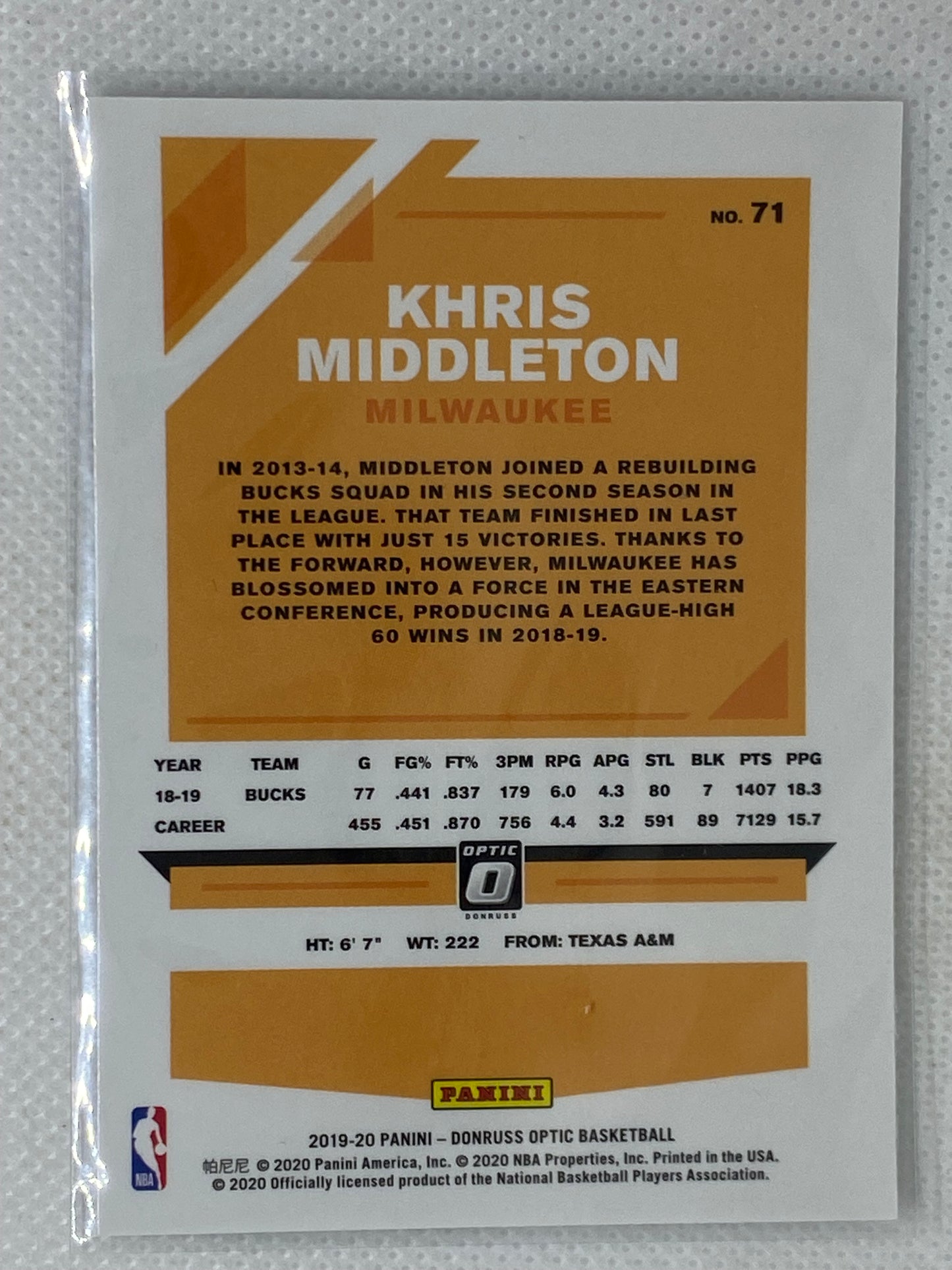 2019-20 Panini Donruss Optic Base Khris Middleton #71 Milwaukee Bucks